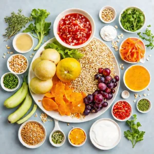 Darmgesundheit und Mikronährstoffe durch bunte Nahrungsmittel. Gesunde Ernährung ermöglicht ein Vorbeugen von Erkrankungen.